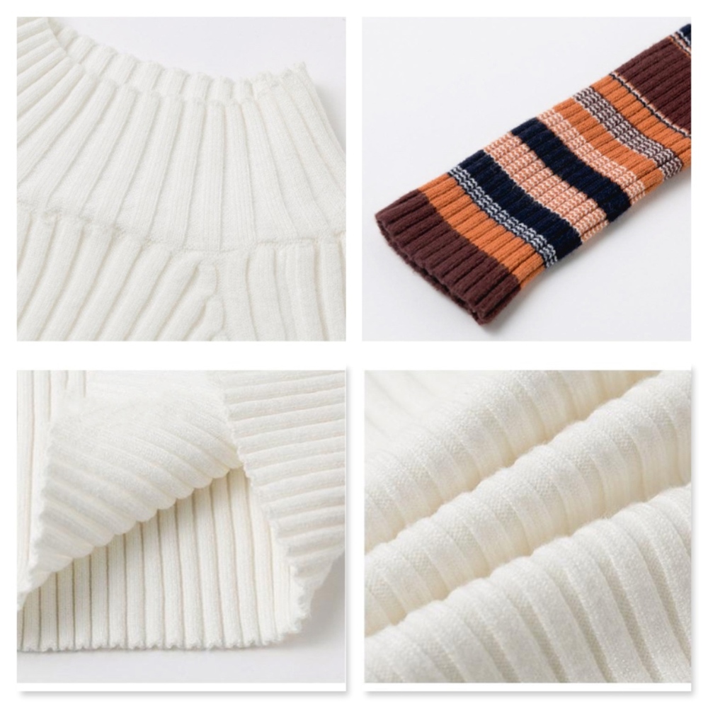 White Rib-Knit Crew Neck Sweater Striped Sleeves - Picture 7 of 8